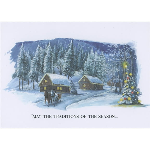 Designer Greetings Traditions of the Season: Horse Drawn Sleigh in Winter Village Box of 15 Christmas Cards