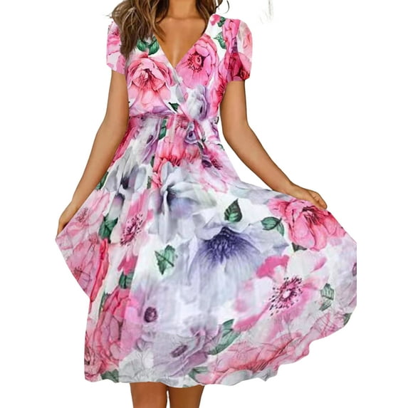 Gvmfive Women Summer Boho Floral Dress Short Sleeve Casual Midi Sundress