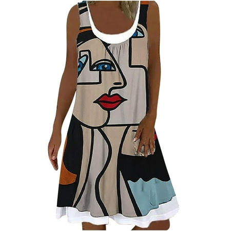 

Dress for Women 2022 Pink Dress for Women Women s Leisure Crew Neck Print Sleeveless Tank Splicing Knee-length Dress Clearance 2022 Dress Pants Women Long Dresses for Women Off-White 2XL