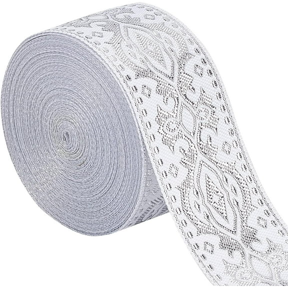 7.7 Yards Metallic Sliver Ethnic Jacquard Ribbon 1.3" Wide Double Side Floral Embroidery Woven Ribbons White Fringe Band Fabric Trim for DIY Sewing Crafts Clothing Curtain