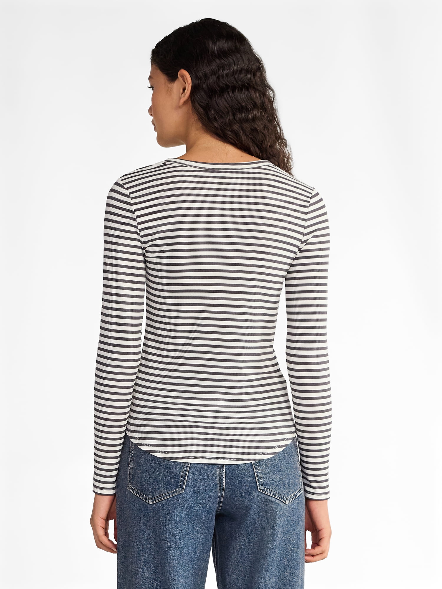 No Boundaries Ribbed Crewneck Tee with Long Sleeves, 1 or 2-Pack, Women's & Women's Plus XXS-XXL