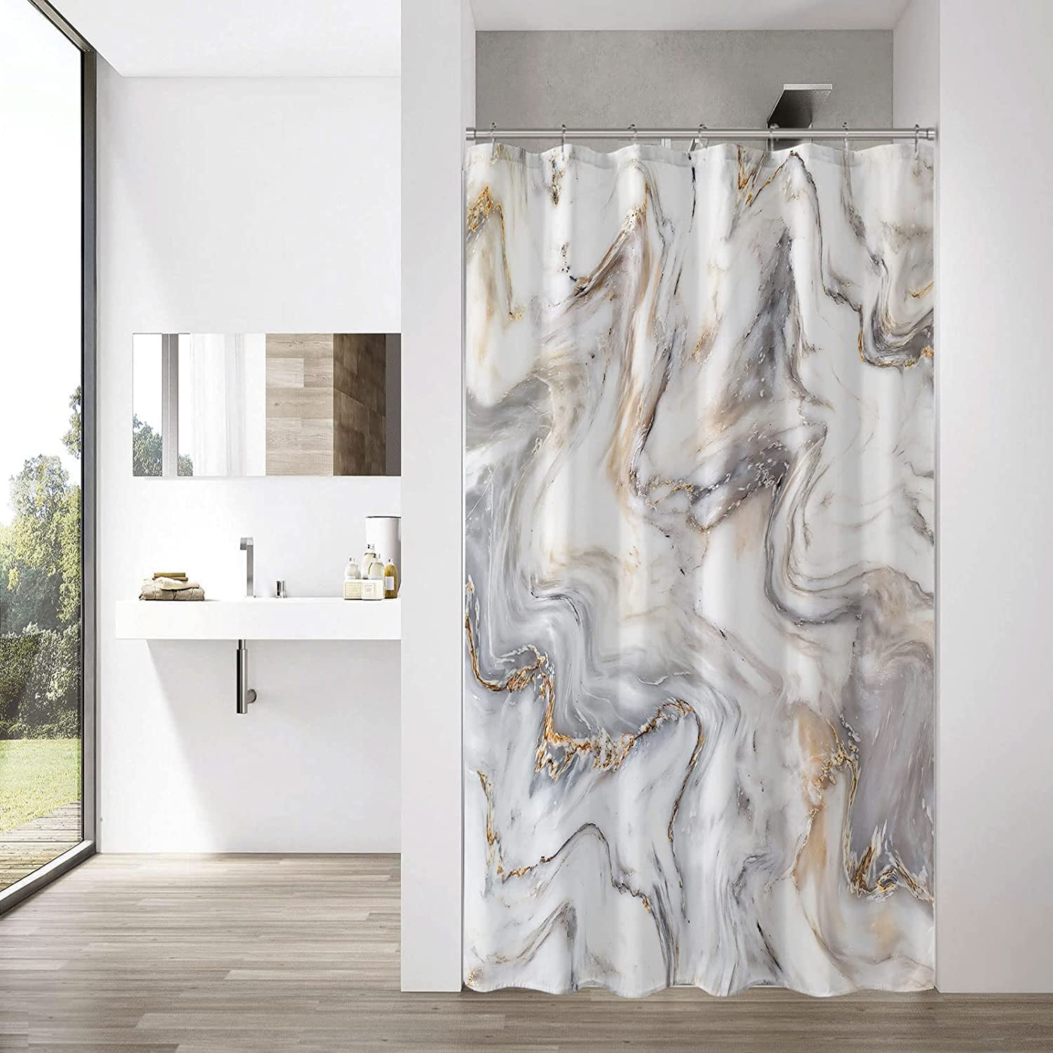 Marble Texture Abstract Polyester Fabric Shower Curtain Hooks Bath Accessory Set 
