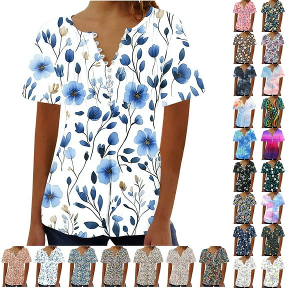 JTZGDY Womens Summer Tops 2025 Trendy Boho Floral Printed Short Sleeve Button V Neck Henley T Shirts Casual Dressy Loose Pleated Basic Graphic Tunic Blouse Pink#01 XL