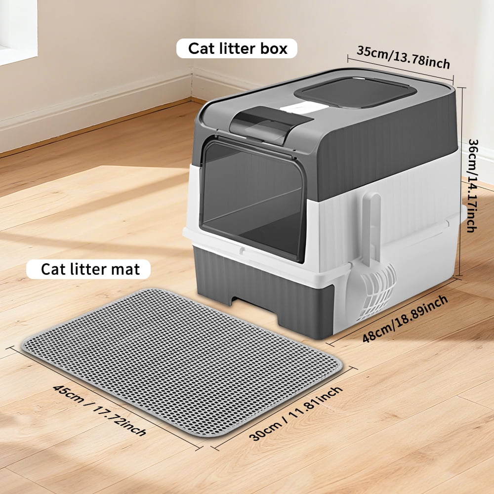 Fully Enclosed Cat Litter Box + Mat, Gray/20.5*13.8in