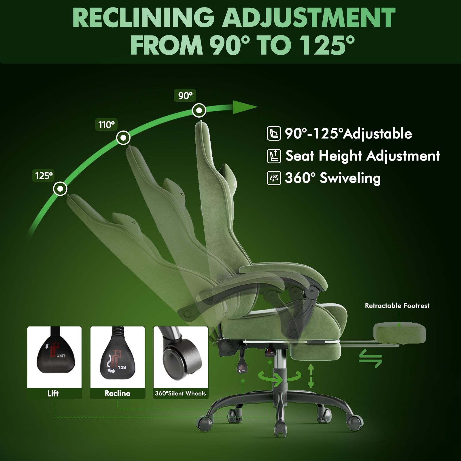 SOONTRANS Gaming Chair with Footrest, High Back Gamer Game Chair for Adult, Velvet Fabric Ergonomic Office Chair with Massage Lumbar Cushion, Reclining Computer Desk Chair ,Green