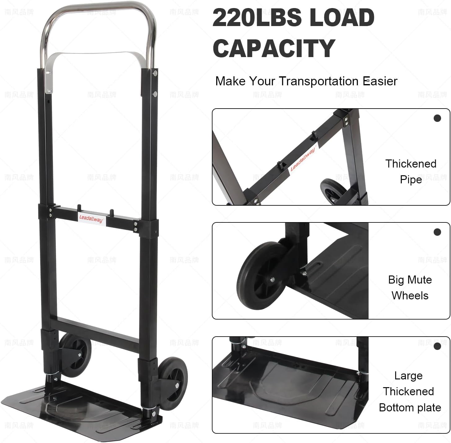 Foldable Hand Truck 220lbs Capacity Heavy Duty Steel Collapsible Utility Cart with TPR Wheels &  Bungee Cord Portable Dolly for Home Office Warehouse