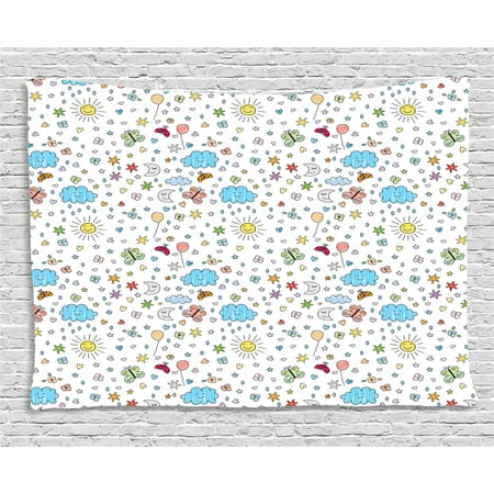 - Kids Tapestry, Joyful Day in Nature Theme Clouds Butterflies Smiling Sun Ladybugs and Flowers Sketch, Wall Hanging for Bedroom Living Room Dorm Decor, 60W X 40L Inches, Multicolor, by Ambesonne