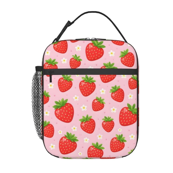 Strawberry Floral Lunch Bag Reusable Thermal Lunch Box with Handle for Women and Men