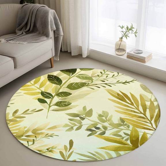 Round Rug 4Ft Washable Non-Slip, Sage Green Leaves Circle Area Rugs for Living Room Bedroom, Summer Botanical Farmhouse Watercolor Leaf Indoor Floor Mats Carpet Runner for Home Decor Aesthetic