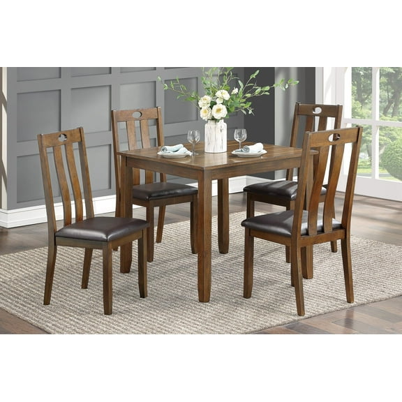 5pc Set Dining Room Table and 4 Side Chairs Set Brown Finish Wood Kitchen Furniture