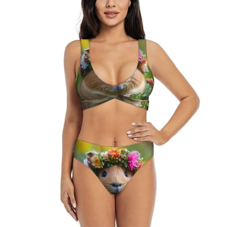 Zeuib Flower Crown Guinea Pig High Waisted Tummy Control Bikini Set - Knot Front Push Up Top & Cheeky Thong Bottom  Two-Piece Swimsuit for Women-Medium