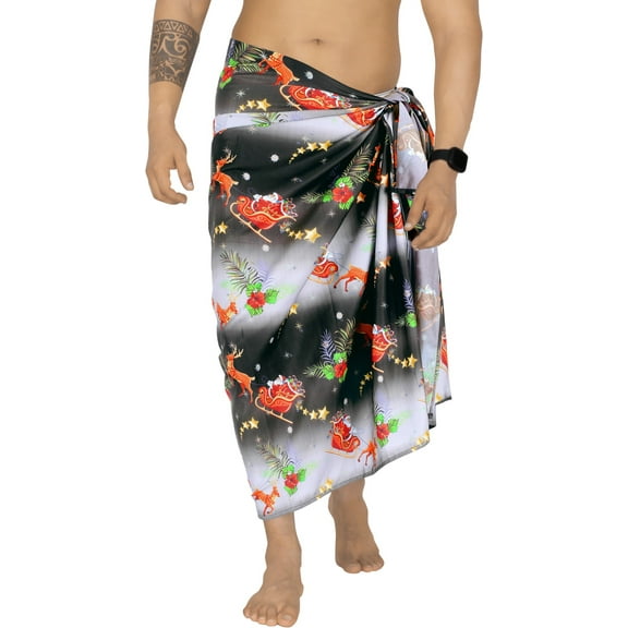 HAPPY BAY Men's Christmas Tree Bath Trunk Swimsuit Vacation Xmas Party Gifts Sarong Holiday Pareo Beach Wrap One Size Coal, Santa Reindeer Sleigh