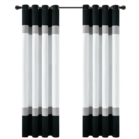 Lush Decor Alexander Color Block Light Filtering Grommet Solid Pattern Window Curtain Panels Black/Gray 52X84 Set