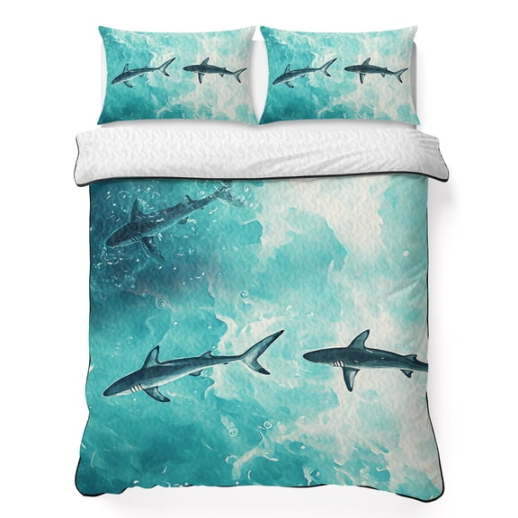 Summer Ocean Waves 3 Piece Quilt Bedding Set with 2 Pillow Shams, Blue Shark Watercolor Animal Lightweight Bedspread Coverlet, Soft Breathable All Season Quilt, 68 x 86 Inch
