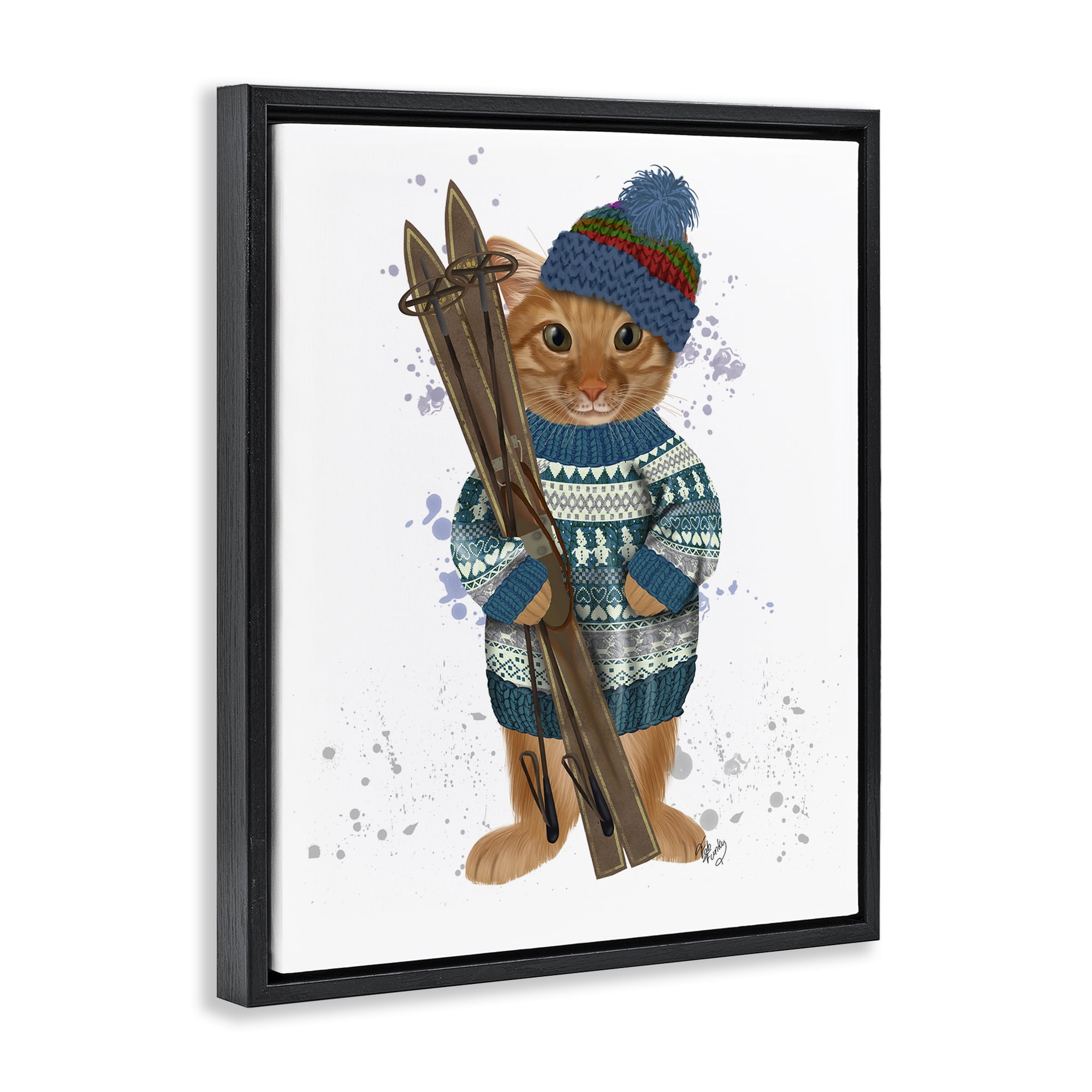 Stupell Industries Cat with Winter Skis Animals & Insects Painting Black Floater Framed Canvas Art Prints Wall Art, 17 x 21