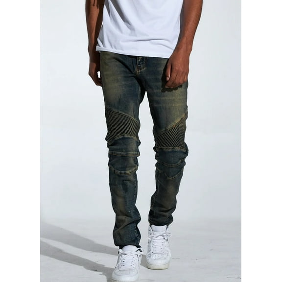 Crysp Denim Men's Skywalker Biker Moto Distressed Skinny Fit Stretch Jeans (30, Sand Wash)