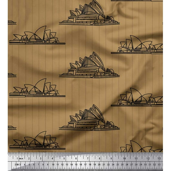Soimoi Brown Velvet Fabric Stripe & Sydney Opera House Architectural Decor Fabric Printed Yard 58 Inch Wide