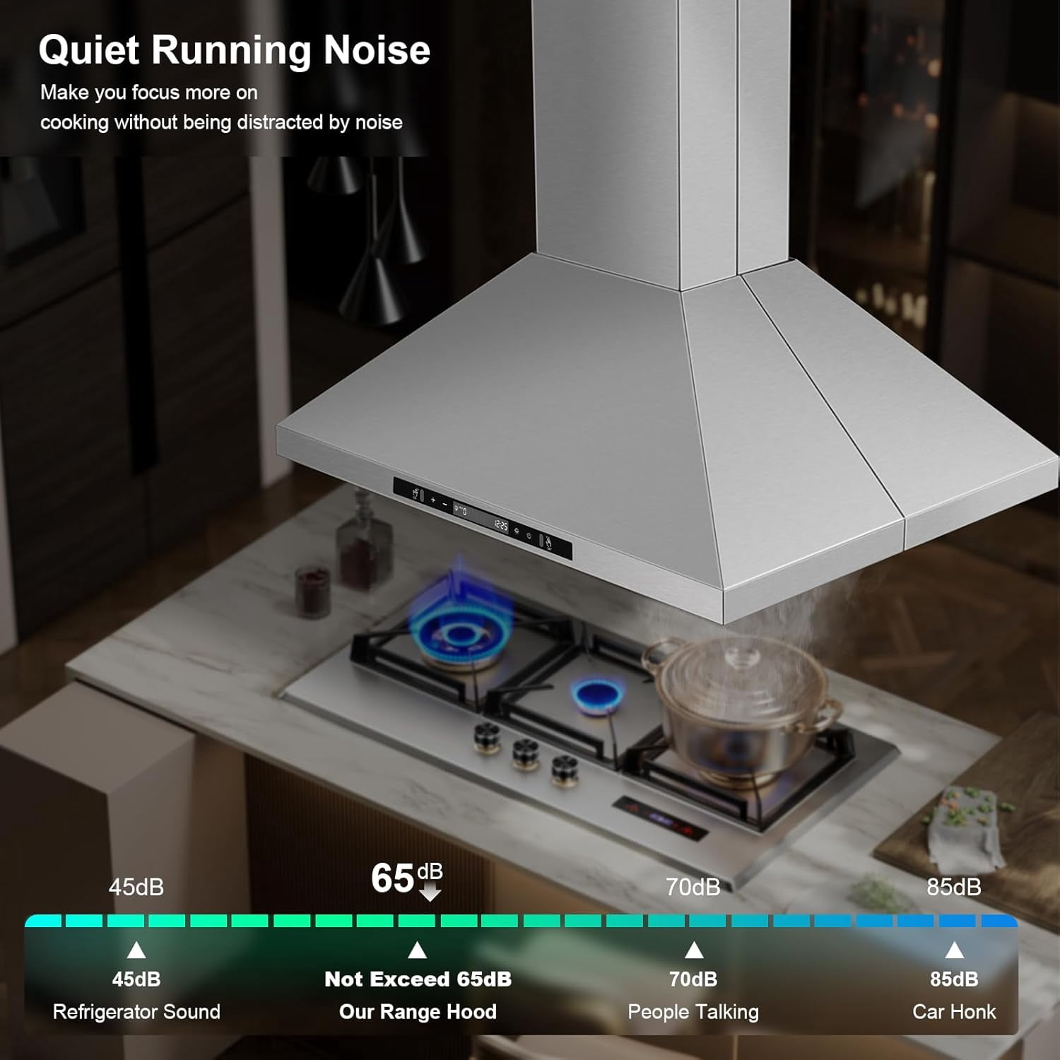 30 inch Island Range Hood 700 CFM Ceiling Mount Kitchen Vent Hood with Gesture/Touch Control, 3-Speed Fan & 4 LED Lights, Convertible Ductless/Duct, Stainless Steel Baffle Filters,Time Setting
