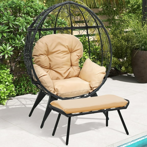 Dextrus Outdoor PE Rattan Egg Chair with Stand and Ottoman, Cushion, Footrest for Patio, Garden, Backyard, Porch, Beige