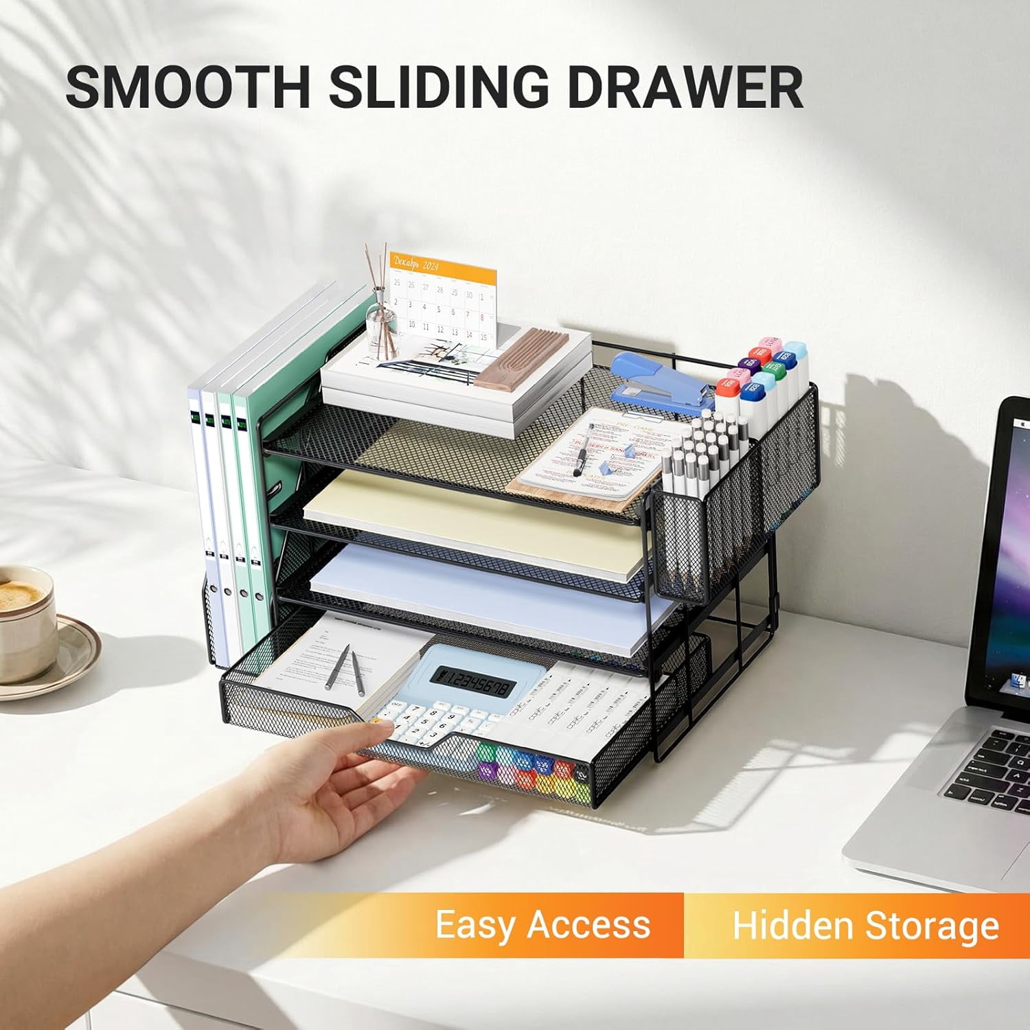 Desk Organizers and Accessories, 4-Tier Workspace Desktop File Organizer with Drawer & Pen Holder, Paper Tray Organizer with File Holder, Office Desk Accessories for Home Office Supplies, Black