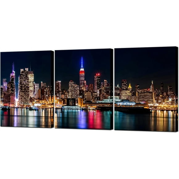 Hieng New York City Canvas Wall Art Manhattan Skyline Night View Picture Painting Modern Giclee Canvas Prints Home Office Living Room Wall Decoration