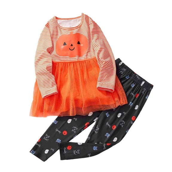 Utlike 2 Pcs Halloween Girls Outfits Hallomas Pumpkin Striped Print Tutu Dress Set Casual Party Wear Soft Baby Girl Outfits Size 2 Years-3 Years Orange