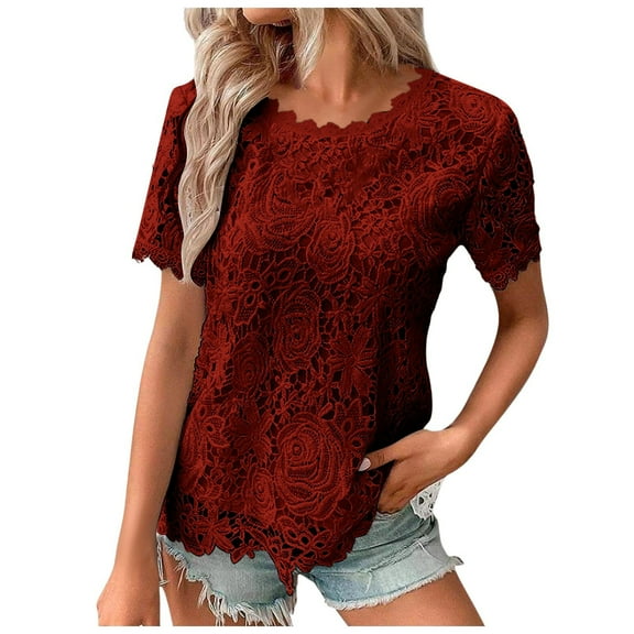 SNKSDGM Casual Easter Shirts for Women Business Casual Tops for Women Summer Women's Lace Top Crochet Crew Neck Short Sleeve Fashion Summer Loose Tee Casual T Shirt T Shirts for Women Long Sleeve