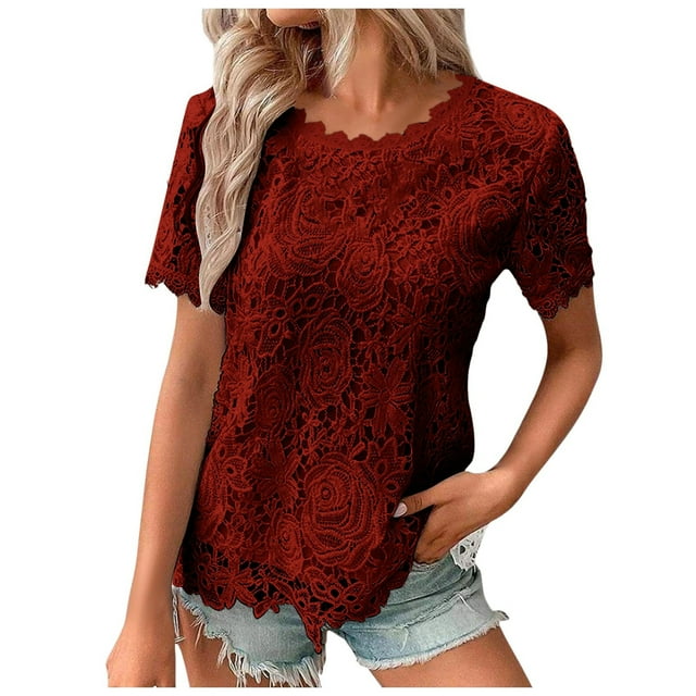 T-shirt Décontracté d'Été pour Femme en Dentelle Crochet, Col Rond, Manches Courtes, Coupe Ample – Haut Tunique Doux et Confortable Uni/à Blocs de Couleur pour Quotidien/plage/fête