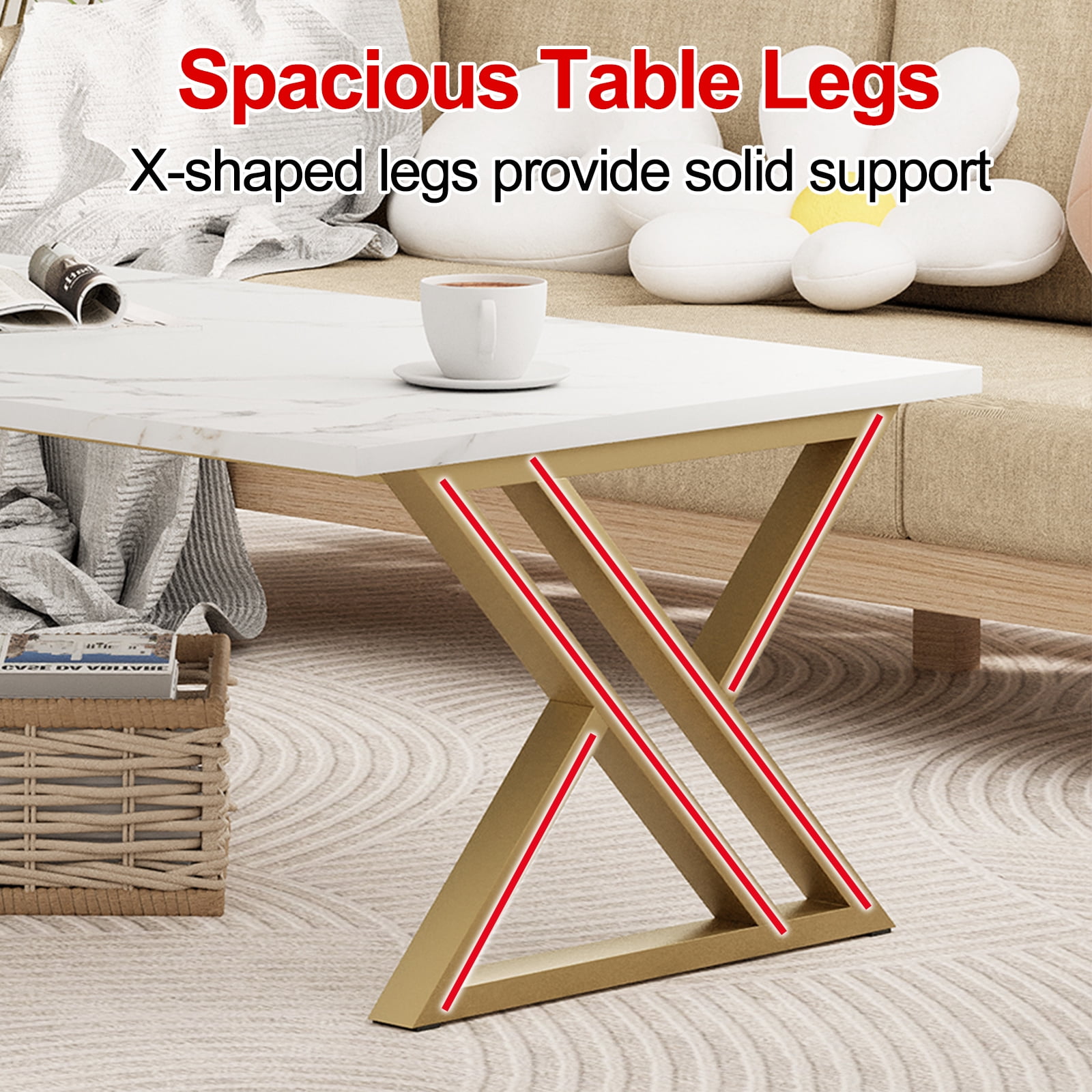 Coffee Table Living Room Table White Center Table, Simple Modern Faux Marble Rectangular Tea Table with Sturdy Gold-Finished Metal Frame,Industrial Wooden Coffee Table for Bedroom Home Office