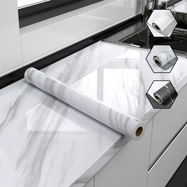 Papel de Contacto de Mármol Brillante, Papel Tapiz Blanco Autoadhesivo, Papel Tapiz de Mármol, Papel Tapiz Extraíble de 23.6" X 393" Para Gabinetes, Papel Tapiz Impermeable Para Baño(A)