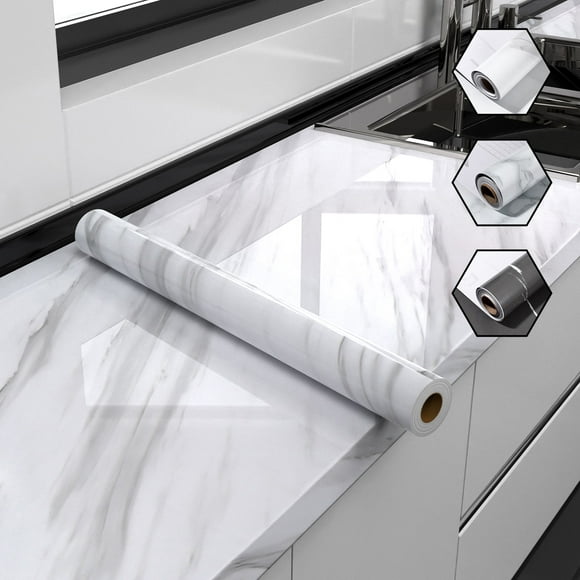 Papel de Contacto de Mármol Brillante, Papel Tapiz Blanco Autoadhesivo, Papel Tapiz de Mármol, Papel Tapiz Extraíble de 23.6" X 393" Para Gabinetes, Papel Tapiz Impermeable Para Baño(A)