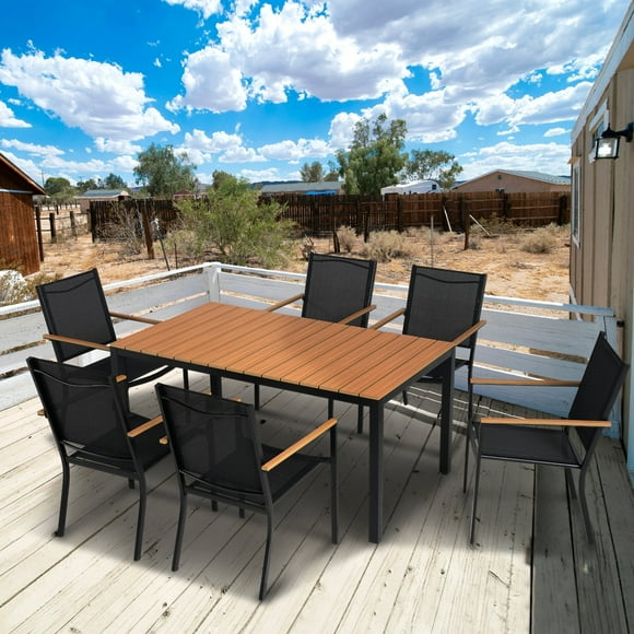 Abba Patio 7 PCS Ensemble de Salle à Manger d'Extérieur avec Table en Aluminium Toutes Saisons et Chaises en Osier pour Patio, Cour Arrière