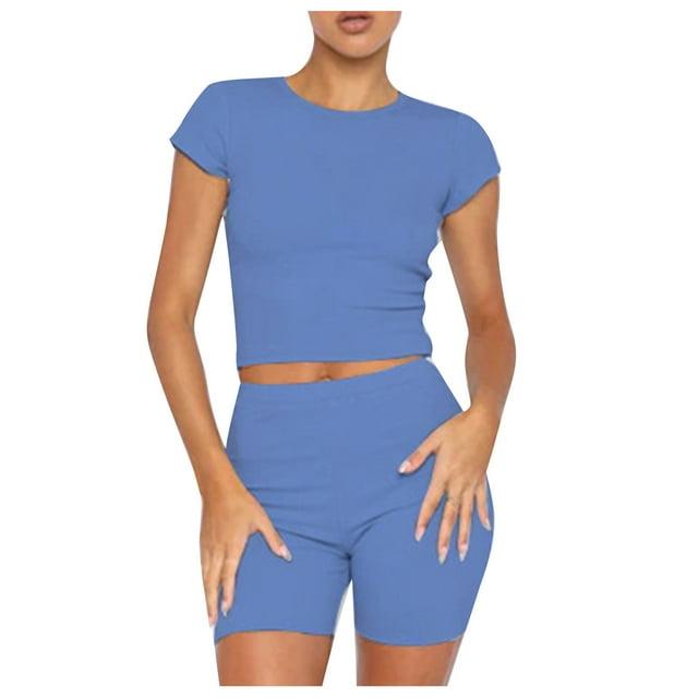 Yanlir Liquidation Ensemble Décontracté d'Été pour Femmes 2 Pcs Couleur Unie Manches Courtes Col Rond Crop Top Short Large à Cordon Ensemble de Sport (Bleu1,TG)