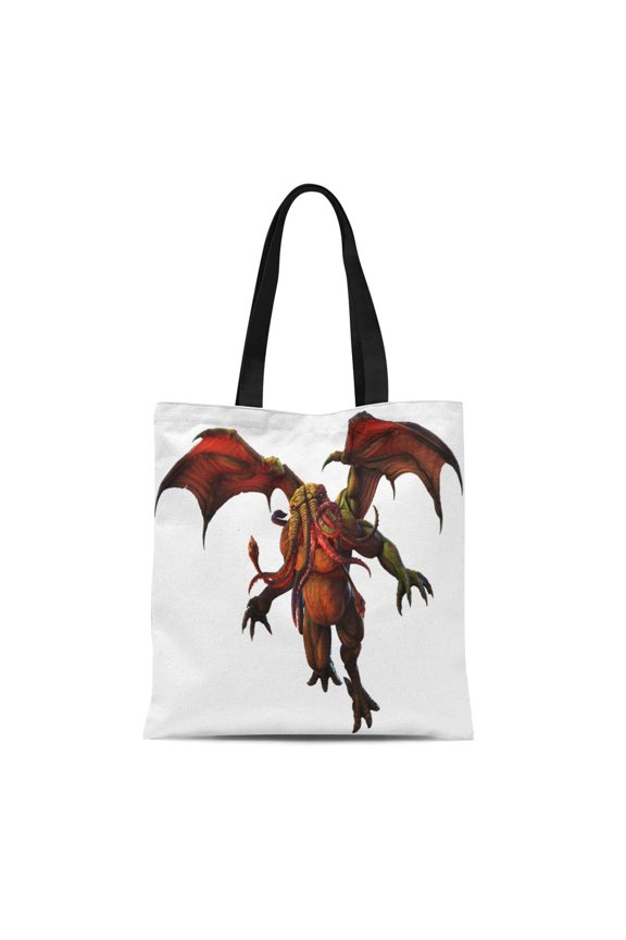 Canvas Bag Resuable Tote Grocery Shopping Bags Green Creature Tentacled Horror 3D Monster Flying Alien Cthulhu Fantasy Lovecraf Tote Bag