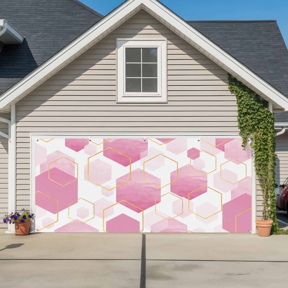Pink Marble Garage Door Cover Banner 7 x 8 FT, Gold White Geometric Hexagon Modern Garage Door Curtains Backdrop with Grommets for Indoor Outdoor Wall Party Porch Yard Decorations Background