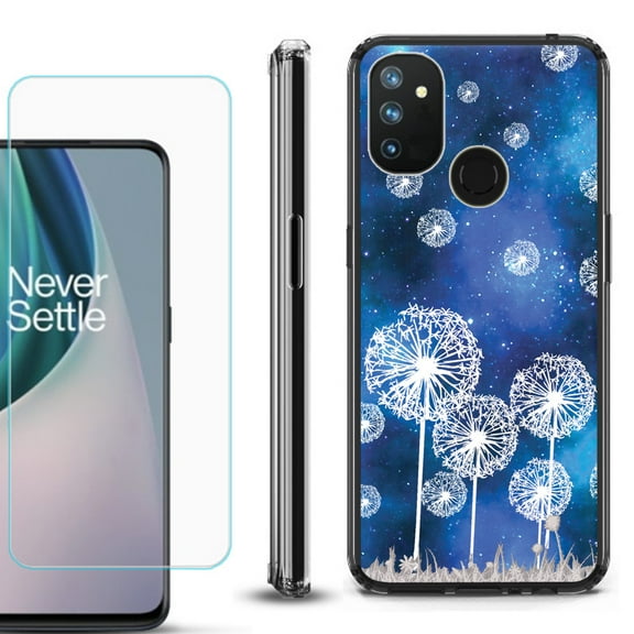 Shockproof Bumper Phone Case for OnePlus Nord N100, with Tempered Glass Screen Protector, by OneToughShield ® - Dandelion Stars