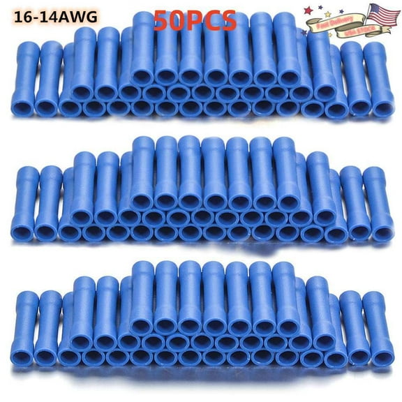 50PCS Blue PVC/Vinyl Butt Splice Crimp Connectors Terminals, AWG 16-14 Gauge