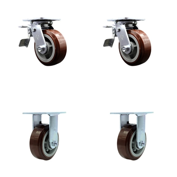 5 Inch Polyurethane Caster Set with Ball Bearing 2 Brakes 2 Rigid Service Caster