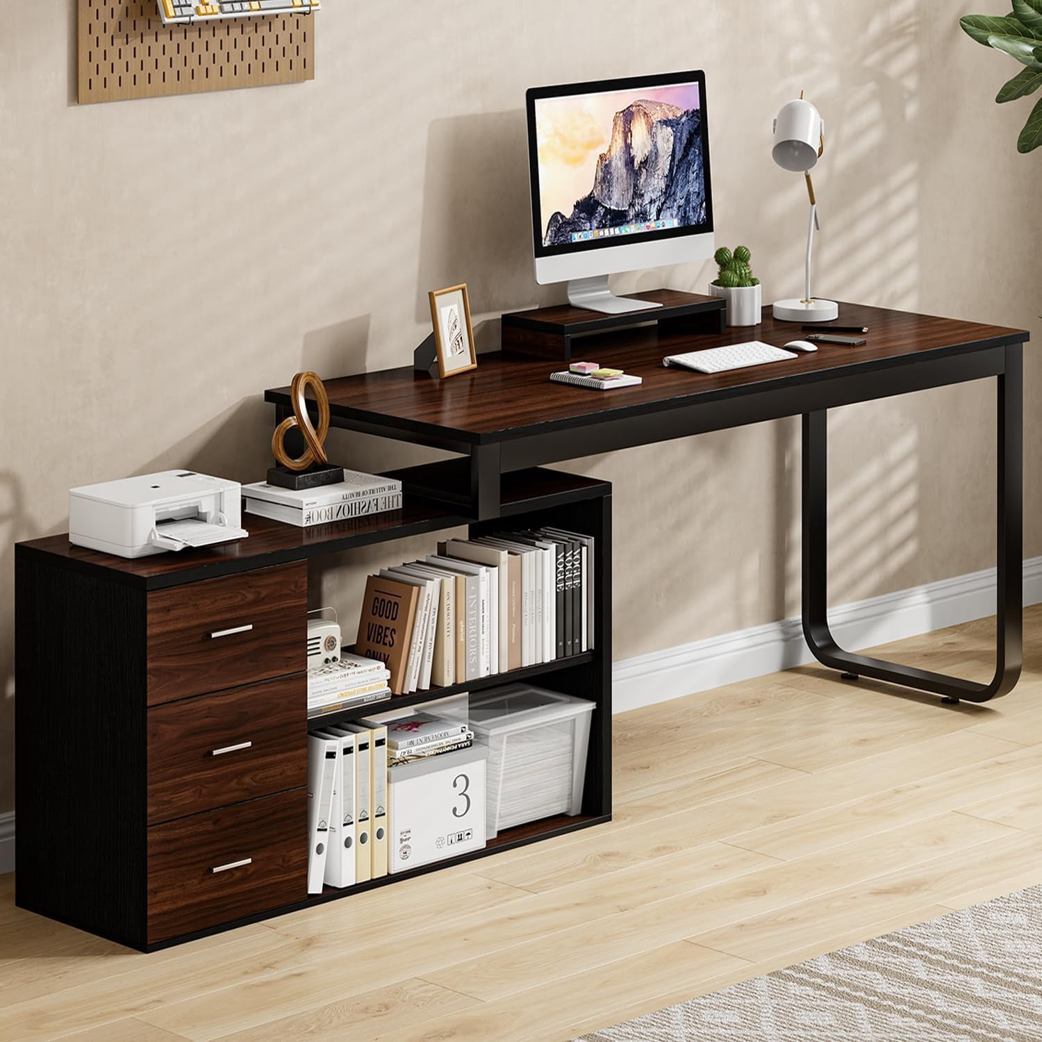 DreamCurship 55 Inch Reversible L Shaped Desk with 3 Storage Drawers, Computer Desk with Shelves and Monitor Stand, Corner Desk for Small Spaces, Black