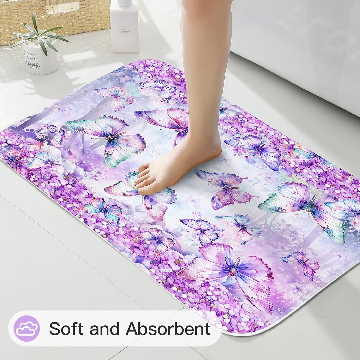 4 Pcs Blue Floral Butterfly Shower Curtain Set with Non-Slip Rugs, Modern Toilet Lid Cover and Bath Mat, Sparkling Bathroom Decor Set with Shower Curtain and Rugs