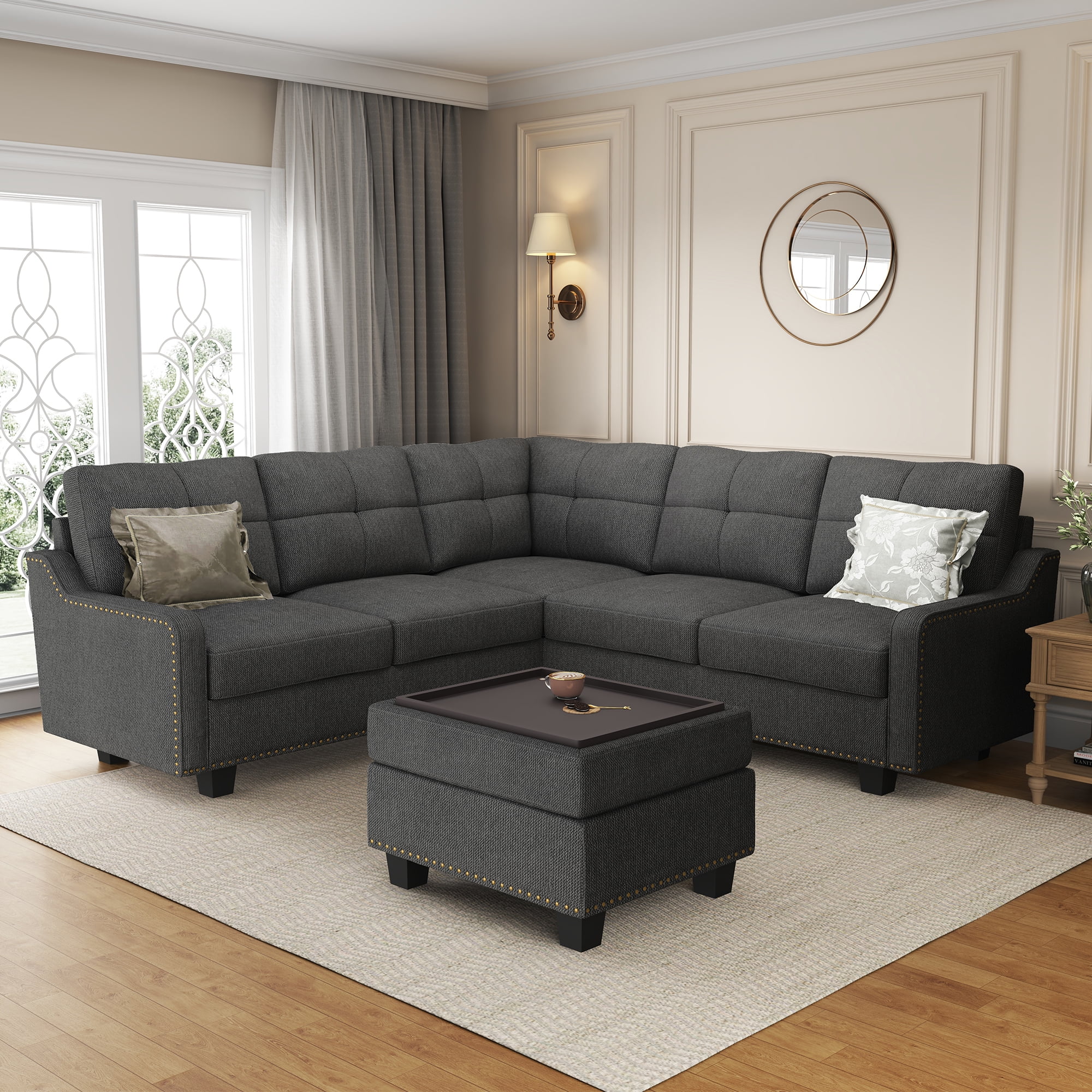 HONBAY Modern Convertible Nailhead Trim Sofa Set with Storage Ottoman