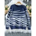 thumbnail image 4 of Women'S Casual Round Neck Long Sleeve Pullover Sweater Fall Winter Contrast Striped Shoulder Button Knit Tibet S, 4 of 6