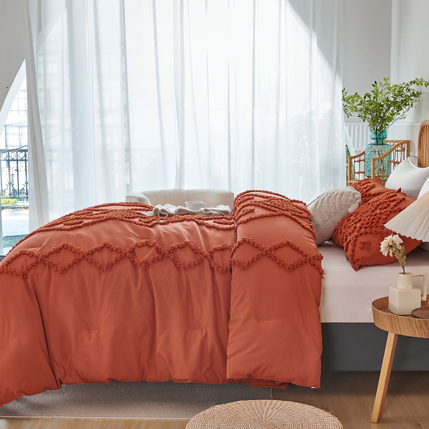 RYNGHIPY King Comforter Set Tufted Jacquard Bedding Set 3 Pcs Boho Bed Set for Girls Women Men Farmhouse Style Shabby Chic Bedding (King, Caramel)