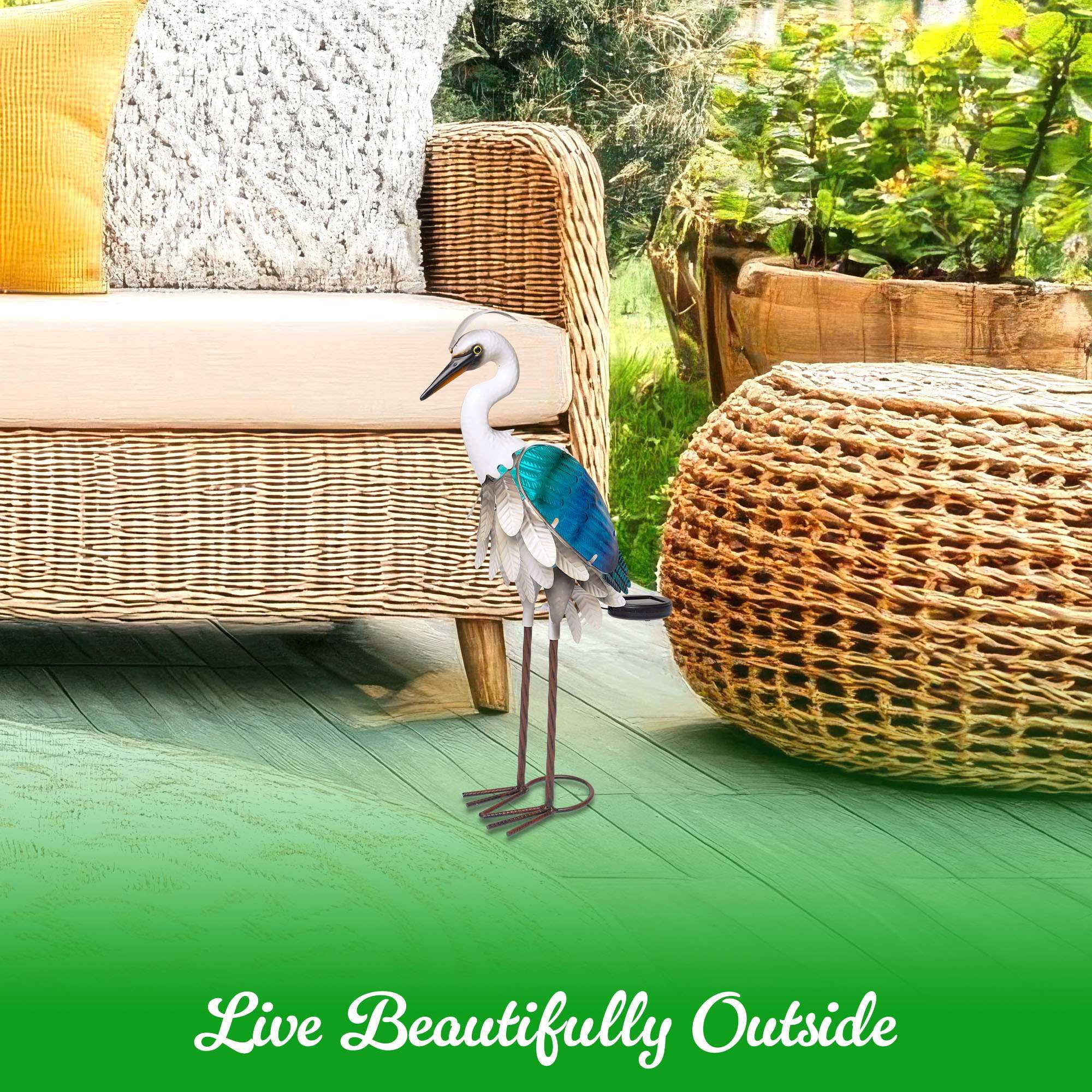 G128 Solar Metal Heron Statue 24" Outdoor Decor with LED Light, Colorful Yard Art for Lawn Patio