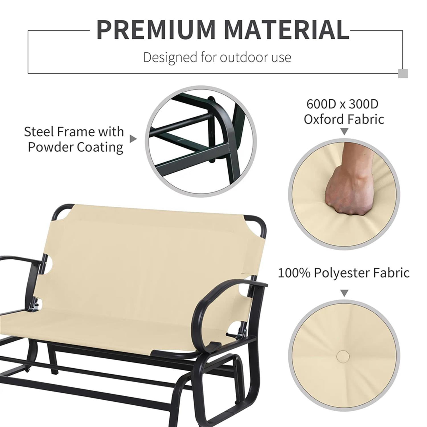 Demi Bonn Outdoor Glider Bench, 2-Person Patio Rocker Loveseat with Tufted Cushions, Steel Frame, Outdoor Glider Chairs for Porch, Garden Backyard, Beige