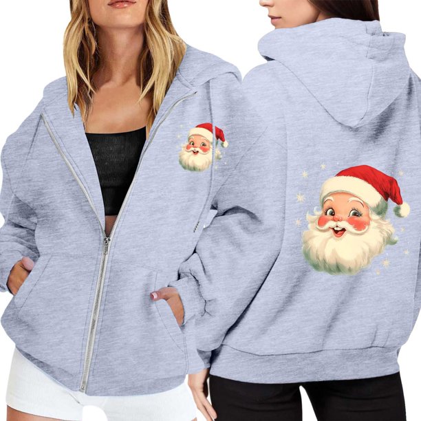 WILLBEST Sudadera de Mujer con Estampado Navideño, Cremallera, Manga Larga, Bolsillo, Cordón Ajustable y Capucha Informal Mediana