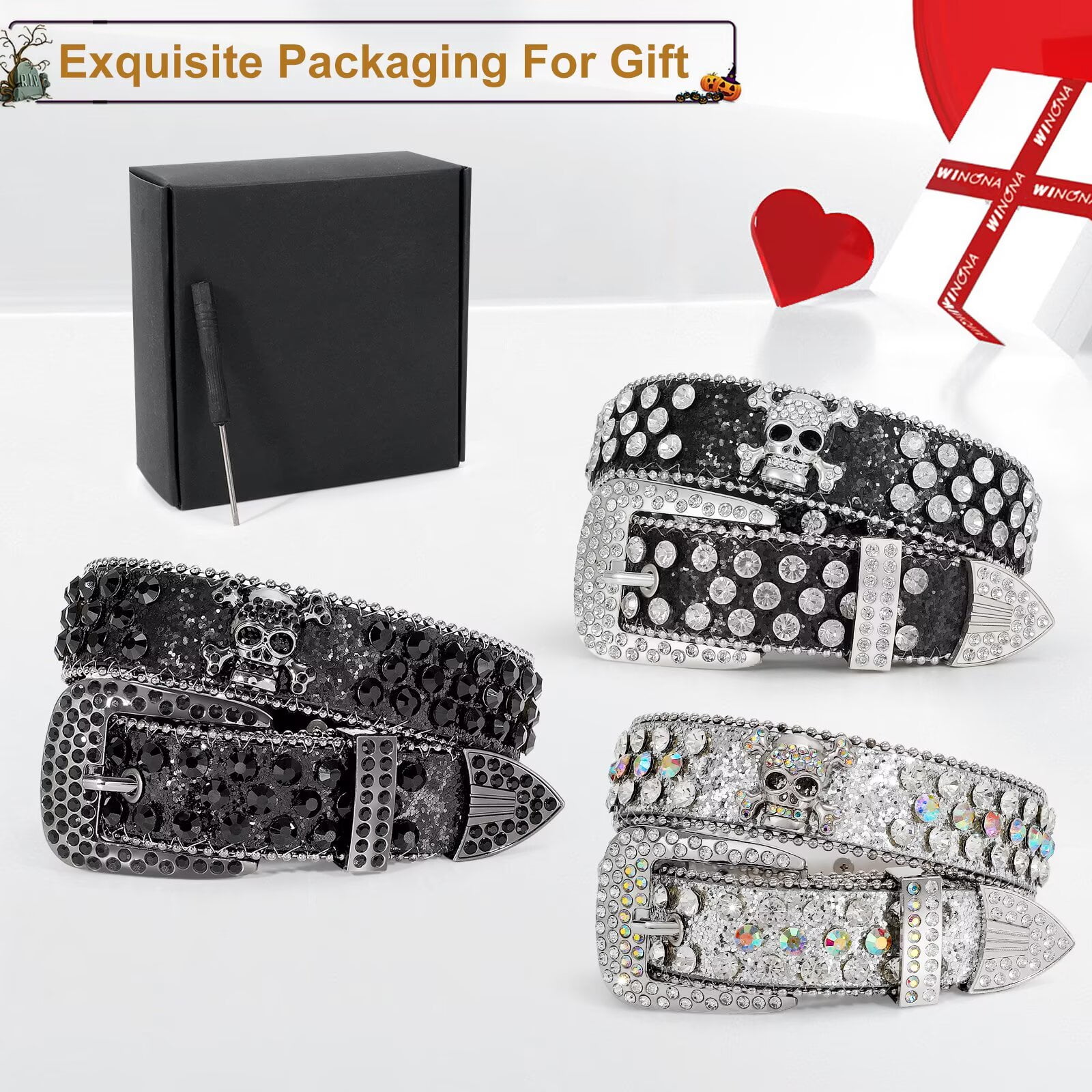 Skull Rhinestone Belt for Women Men Sparkly Bling Diamond Studded Belt Western Cowgirl Cowboy Belts