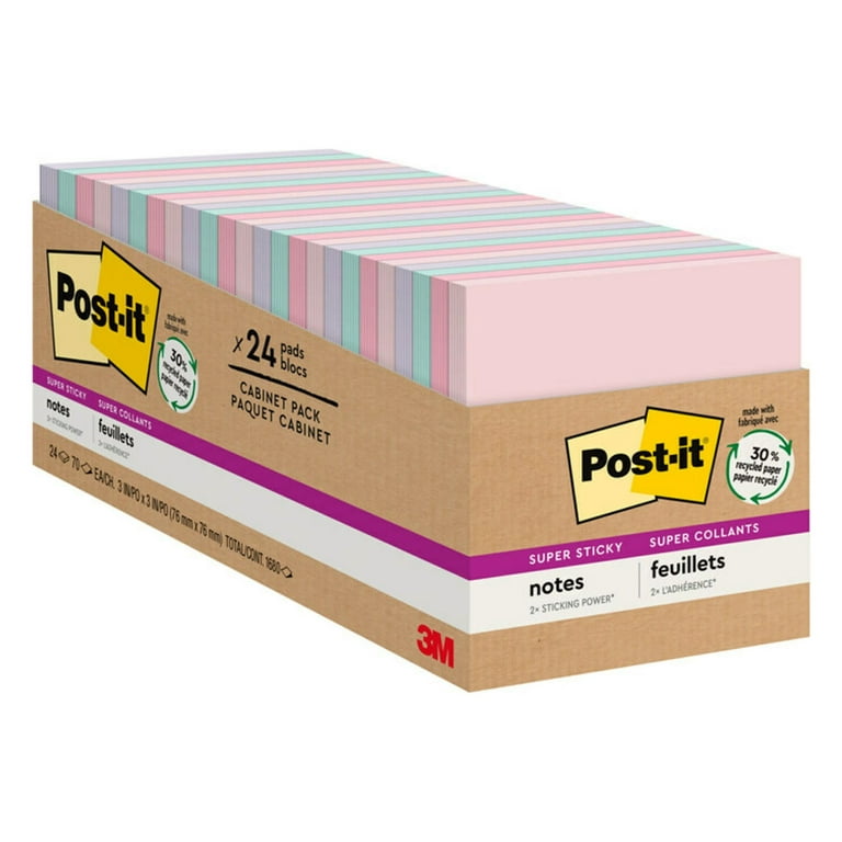 Post-it® Recycled Super Sticky Notes, 3 in x 3 in, Wanderlust Pastels  Collection, 24 Pads/Pack