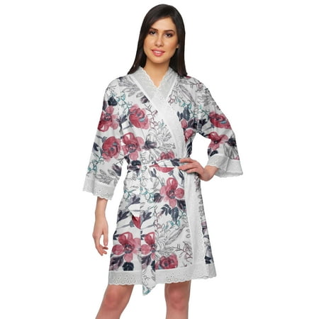 

Moomaya Cotton Printed Bathrobe Crossover Fabric Lace Short Robes Loungewear