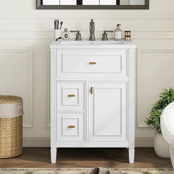 GVN 24 Inch Bath Vanity Set with Ceramic Sink, Flip Front and Two Standard Drawers, Adjustable Interior Shelf, White